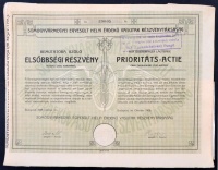Budapest 1908. 'Somogyvármegyei Egyesült Helyi Érdekű Vasutak Részvénytársaság' elsőbbségi részvénye 200K-ról, bélyegzéssel és szárazpecséttel, lyukasztással érvénytelenítve T:I-,II