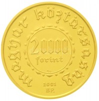 2001. 20.000Ft Au 'Ezeréves a magyar pénzverés' (6,982g/0.986/22mm) T:PP 
Hungary 2001. 20.000 Forint Au '1000th Anniversary of the Hungarian coinage' (6,982g/0.986/22mm) C:PP
Adamo EM171