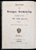 1855 Magyarországot illető országos kormánylap. 6. évf., 2. köt. (2. félév), 14--29. füz., egybekötve, kicsit kopott félvászon kötésben, egyébként jó állapotban.