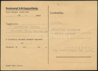 1945 Szakony, táborból szabadult személy levele feleségének, hogy kiszabadult, és már Szakonyban van, a Szakonyi Körjegyzőség levelezőlapján.