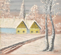 Sztelek jelzéssel. Havas táj (hátoldalán. folyóparti részlet). Olaj, farost, kissé sérült sérült, 35x50 cm