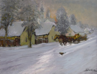 KÁROLY BUKA (XXth century) - Winter street with a riding sled