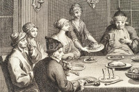A. Baratti metszése, Bernard Picart (1673-1733) után: Pészah üneppe (La Fete de tabernacles). Rézmetszet, papír. A Ceremonies et Coutumes Religieuses de tous les Peuples du Monde sorozatból. Paszpartuban. 29,5x37,5 cm. / A. Baratti