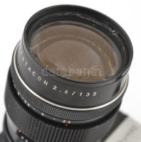 Zenit-E fényképezőgép Pentacon 135mm f/2.8 objektívvel, működőképes, szép állapotban, az objektív lencséin karcok