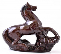 Ló figura, mázas kerámia, jelzés nélkül, javított, máz alatti repedésekkel, m: 23 cm