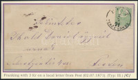 1871 Levél Kőnyomat 3kr III. típus bérmetesítéssel 'PEST / TERÉZVÁROS' Certificate: Visnyovszki