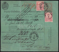1871.jún.29. 5kr postautalvány Kőnyomat 2 x 5kr díjkiegészítéssel V. típus, illetve IX. típusú nagyon szép centrált darabok 'DEBRECZEN' - 'PEST' RRRRR! MBÁ II. kötet 112. old. csak nagyon kevés példányt ismerünk belőle (min.