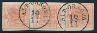 1850 3kr MP III. függőleges hármascsík, apró lemezhibával 'ALT-ORSOVA'
