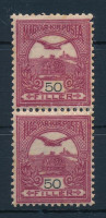 1904 Turul 50f sötétborvörös függőleges pár fordított vízjellel!!! 3. vízjelállás (360.000++) / Mi 85b vertical pair, watermark position: 3 (pici beszakadás, rövid fogak felül, apró rozsdafoltok / hort perf., tear above, small stain