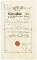 1844 Pest sz. kir. város polgárjogot adományozó oklevél, Schmidt Henrik szegműves mester részére, Szepessy Ferenc (1774-1862) polgármester (1843-1848) és Szén Miklós főjegyző autográf aláírásaival, koronás - címeres (nemzeti