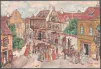 Faragó Géza jelzéssel: Huszárok társaságban. Akvarell, papír. Szélén kissé sérült. 27×40 cm
