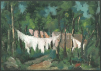 Gaál Lajos jelzéssel: Ruhaszárítás. Olaj, papír. 21x30 cm