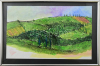 Horváth jelzéssel: Dombos táj. Akvarell, tus, papír, üvegezett keretben, 17x26 cm