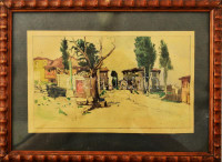 Jelzés nélkül, 1920-40 körül: Utcarészlet sétálóval. Akvarell, papír. Dekoratív, üvegezett fakeretben, hátoldalán Vajda Zoltán képkeretező 1930-40 körüli címkéjével, 14×23 cm
