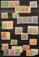 Peru 615 db okmánybélyeg kivágásokon + 42 okmánybélyeges okmány, 16 oldalas A/4 berakóban / 615 fiscal stamps on cuttings + 42 documents with fiscal stamps in A/4 stockbook
