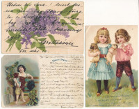 3 db RÉGI (1905 előtti) üdvözlőlap vegyes minőségben, közte lithok / 3 pre-1905 litho greeting art postcards in mixed quality