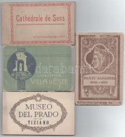 4 db RÉGI művészeti témájú képeslapfüzet: Sens, Villa d'Este, Museo del Prado, Dante Alighieri / 4 pre-1945 art-themed postcard booklets