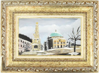 Jelzés nélkül: Pécs, Széchenyi tér télen. Olaj, karton, dekoratív fakeretben, 19×31,5 cm