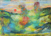 Jelzés nélkül: Színes táj. Vegyes technika, kollázs, papír. Törésnyomokkal. 43x61 cm.