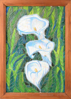 Kálák. Jelzett, színezett textil, formázott művészgipsz applikációkkal, fa keretben, teljes méret 78x58 cm