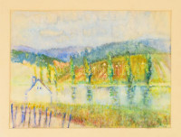 KE jelzéssel: Vízparti fények (Dunakanyar). Akvarell, papír, paszpartuban, 35,5×49,5 cm