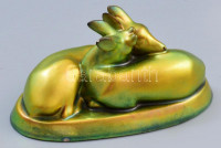Zsolnay eozin mázas őzpár. Jelzett, 1-2 kisebb lepattanással, 15,5x8 cm