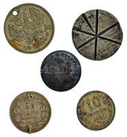 5db-os vegyes kis ezüst tétel, kifejezetten rossz tartásban, benne 1870. 10kr Ag Ferenc József + 1896KB 1K Ag Millennium lecsiszolt, vésett hátlap + Orosz Birodalom 1909. 20k Ag lyukasztott + 1927. 10k Ag ütődés + Szerbia 1915. 50p Ag